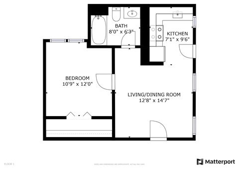 Floor plan for 1 bed, 1 bath, 450 sqft